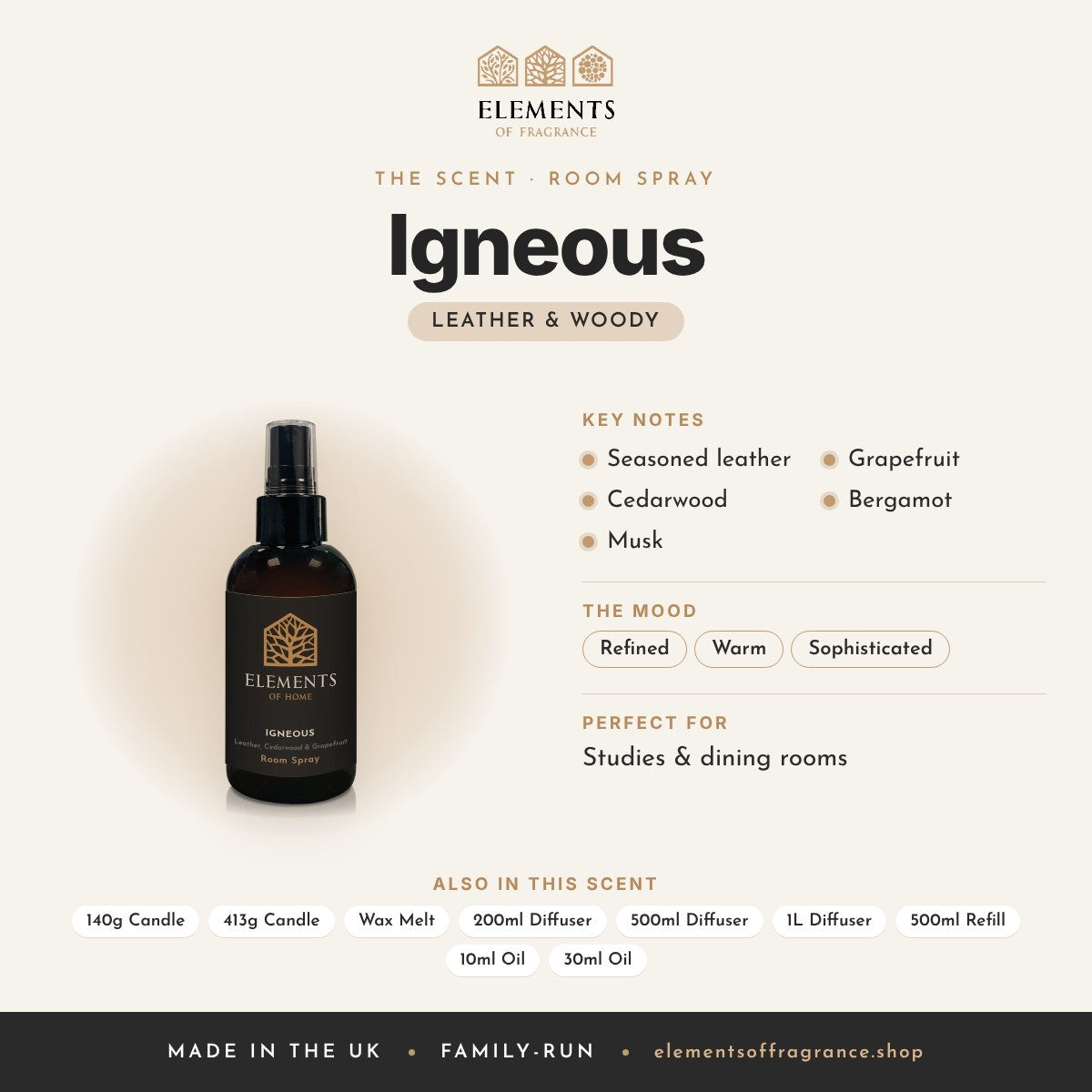 Igneous Room Spray scent profile: leather & woody with notes of seasoned leather, cedarwood, musk, grapefruit, bergamot