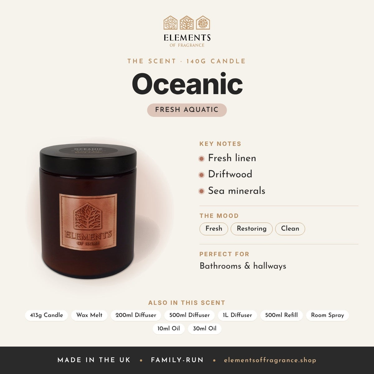 Oceanic 140g Candle scent profile: fresh aquatic with notes of fresh linen, driftwood, sea minerals