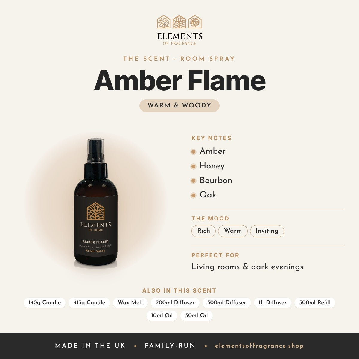Amber Flame Room Spray scent profile: warm & woody with notes of amber, honey, bourbon, oak