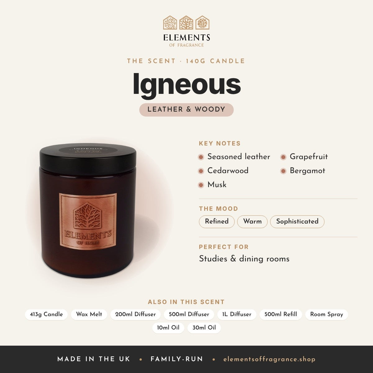 Igneous 140g Candle scent profile: leather & woody with notes of seasoned leather, cedarwood, musk, grapefruit, bergamot