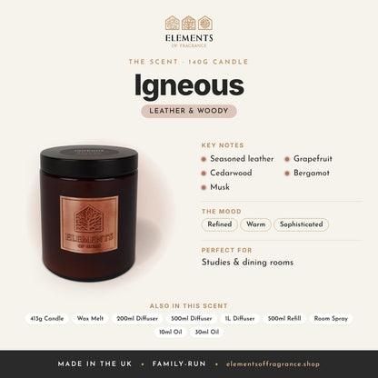 Igneous 140g Candle scent profile: leather & woody with notes of seasoned leather, cedarwood, musk, grapefruit, bergamot