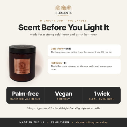 Midnight Oud 140g Candle: cold throw and hot throw explained, palm-free vegan rapeseed wax