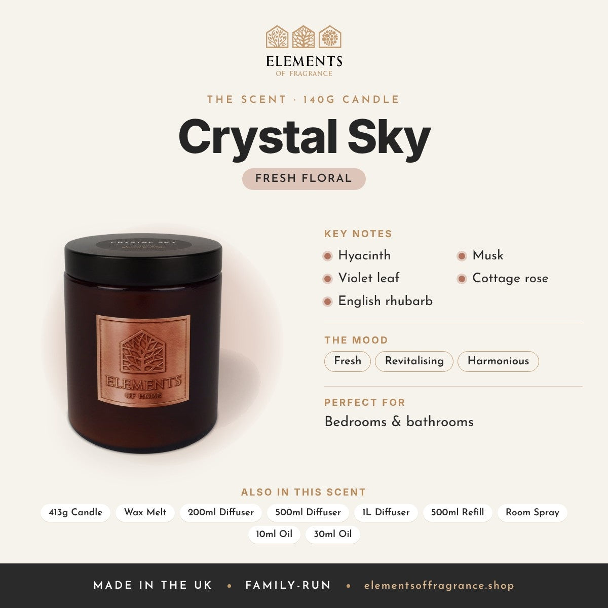 Crystal Sky 140g Candle scent profile: fresh floral with notes of hyacinth, violet leaf, english rhubarb, musk, cottage rose