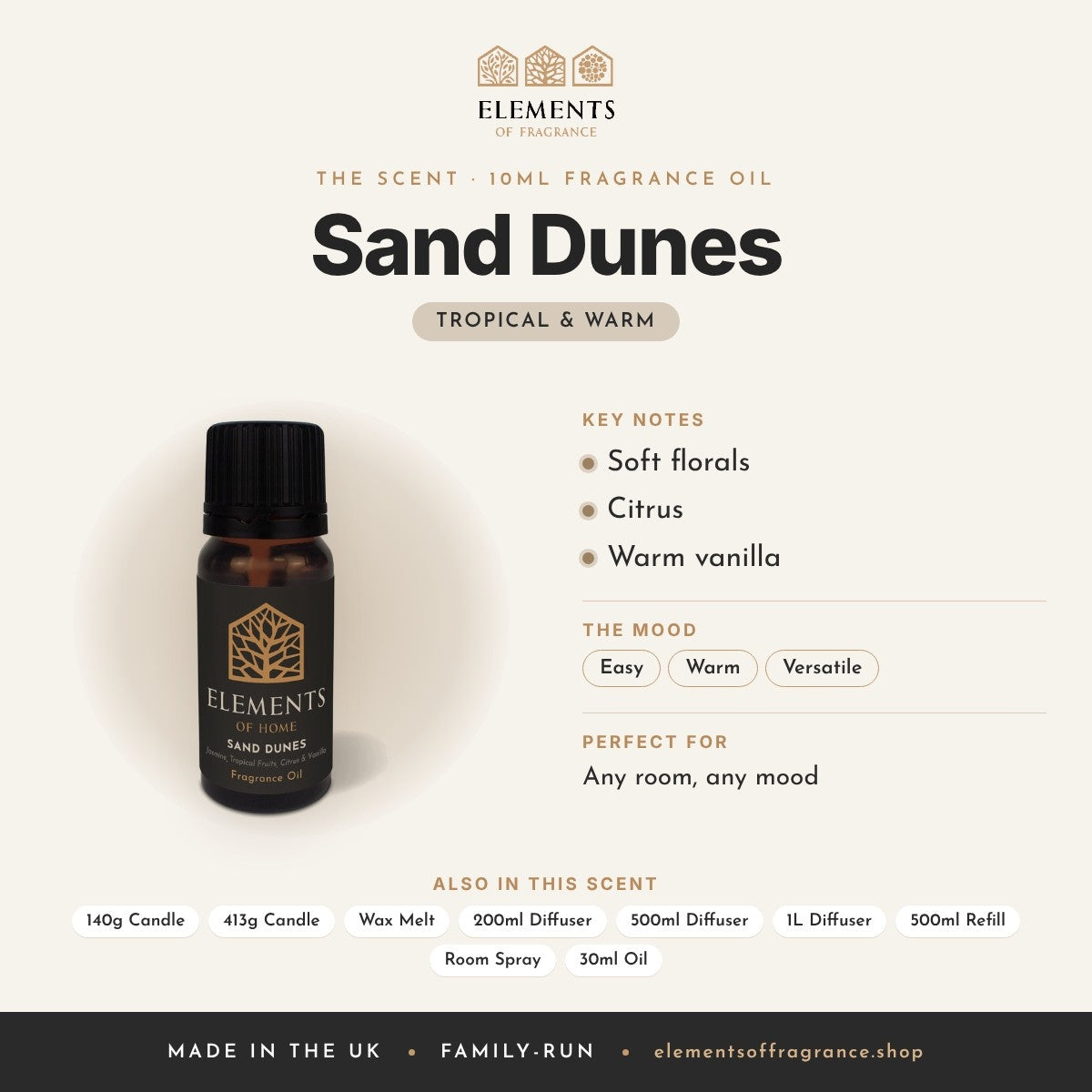 Sand Dunes 10ml Fragrance Oil scent profile: tropical & warm with notes of soft florals, citrus, warm vanilla