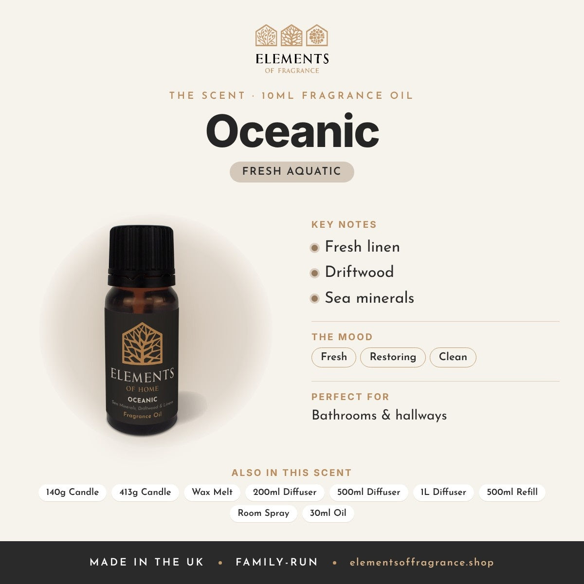 Oceanic 10ml Fragrance Oil scent profile: fresh aquatic with notes of fresh linen, driftwood, sea minerals