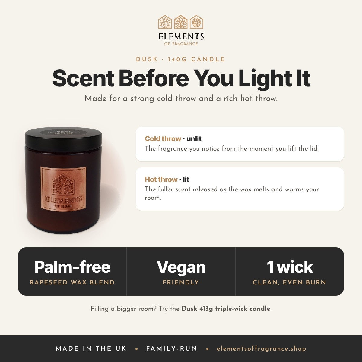 Dusk 140g Candle: cold throw and hot throw explained, palm-free vegan rapeseed wax
