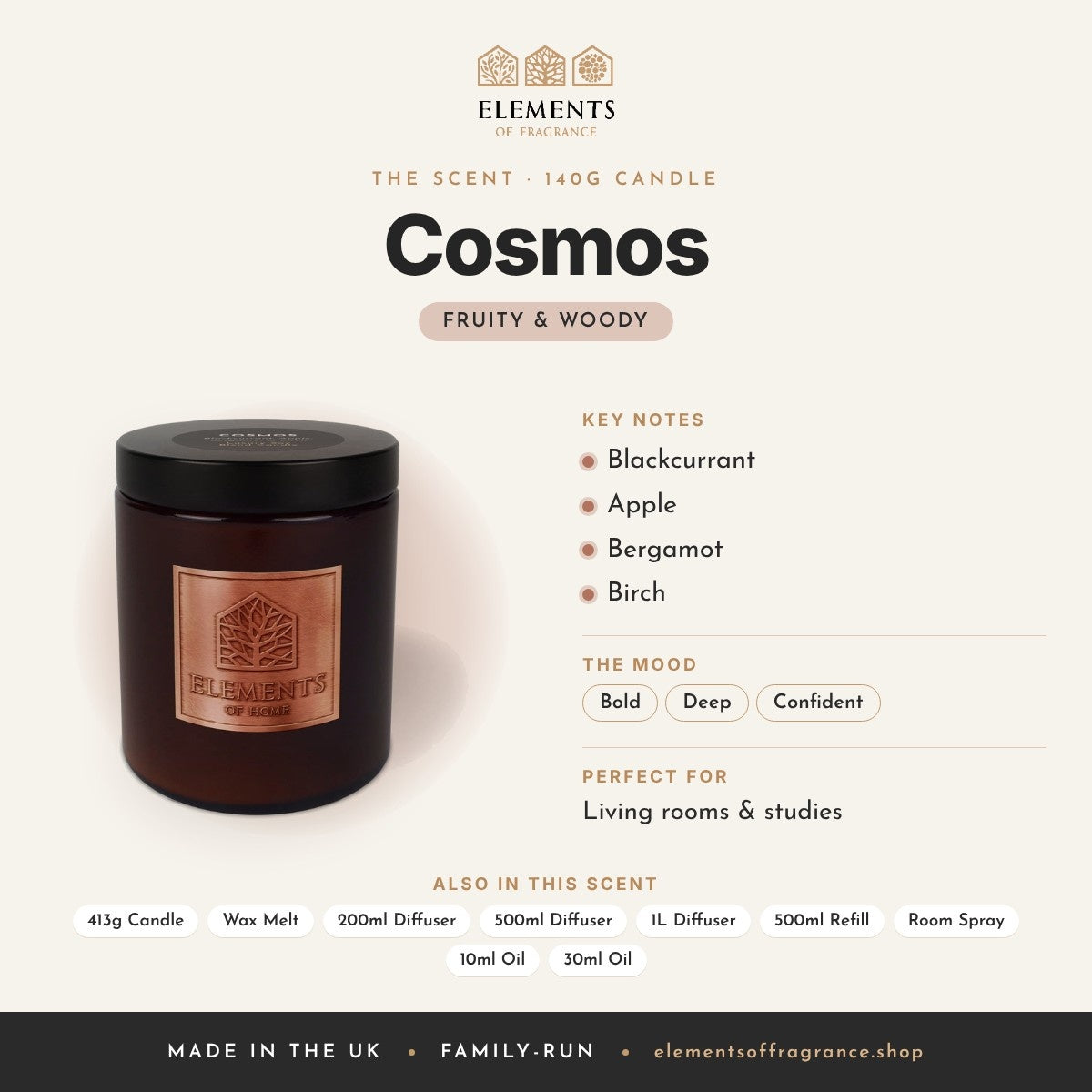 Cosmos 140g Candle scent profile: fruity & woody with notes of blackcurrant, apple, bergamot, birch