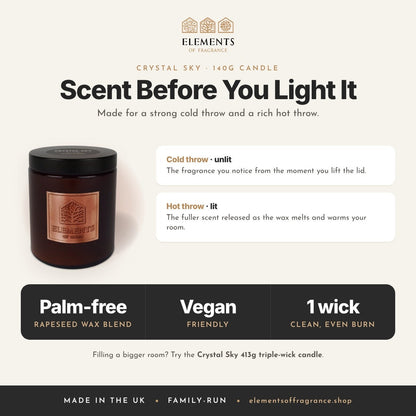 Crystal Sky 140g Candle: cold throw and hot throw explained, palm-free vegan rapeseed wax