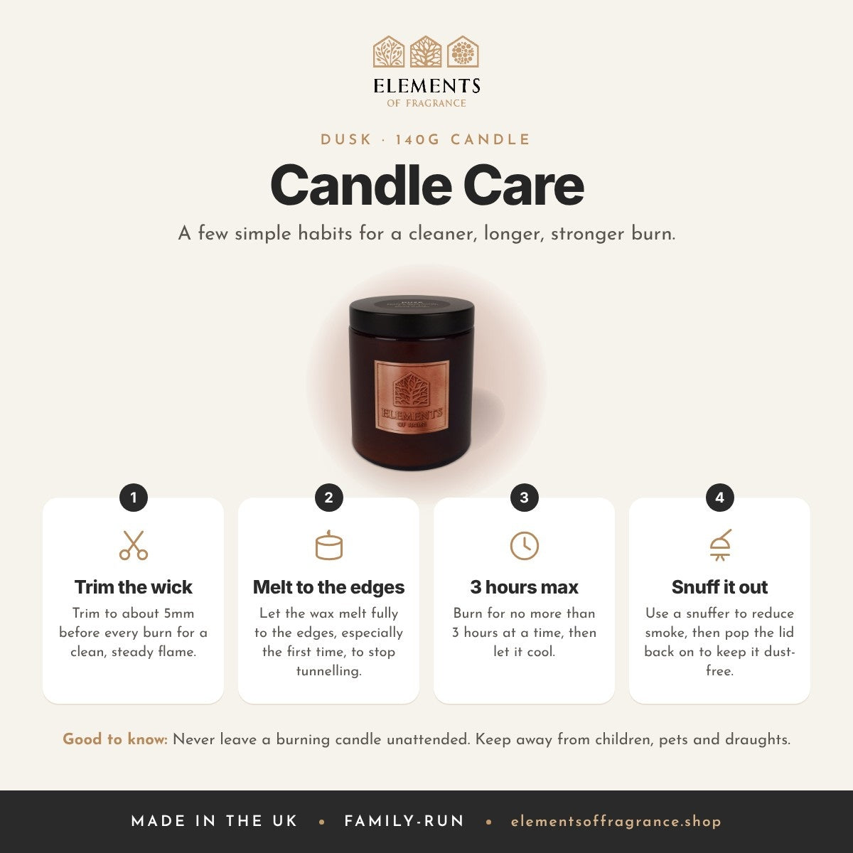 Candle care tips for the Dusk 140g Candle