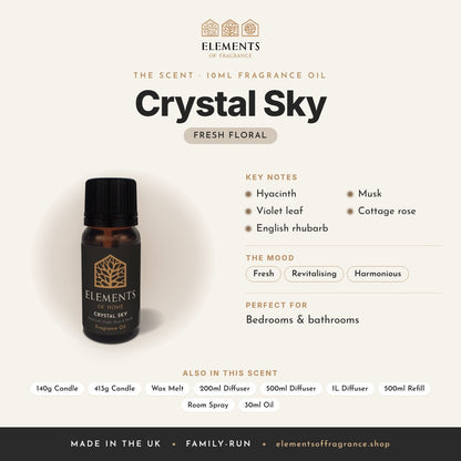 Crystal Sky 10ml Fragrance Oil scent profile: fresh floral with notes of hyacinth, violet leaf, english rhubarb, musk, cottage rose