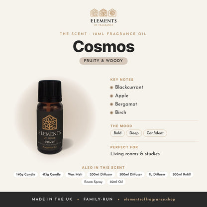 Cosmos 10ml Fragrance Oil scent profile: fruity & woody with notes of blackcurrant, apple, bergamot, birch