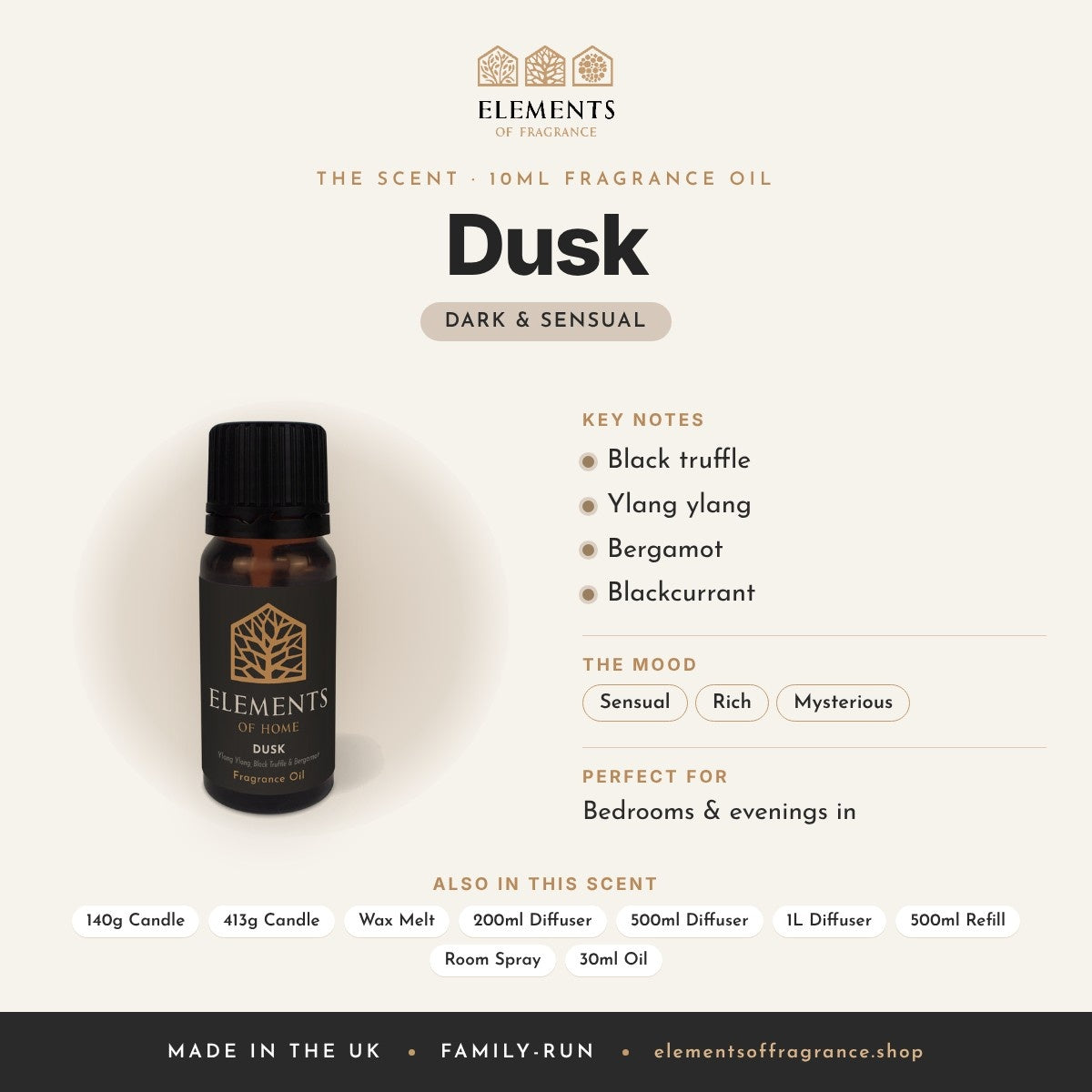 Dusk 10ml Fragrance Oil scent profile: dark & sensual with notes of black truffle, ylang ylang, bergamot, blackcurrant