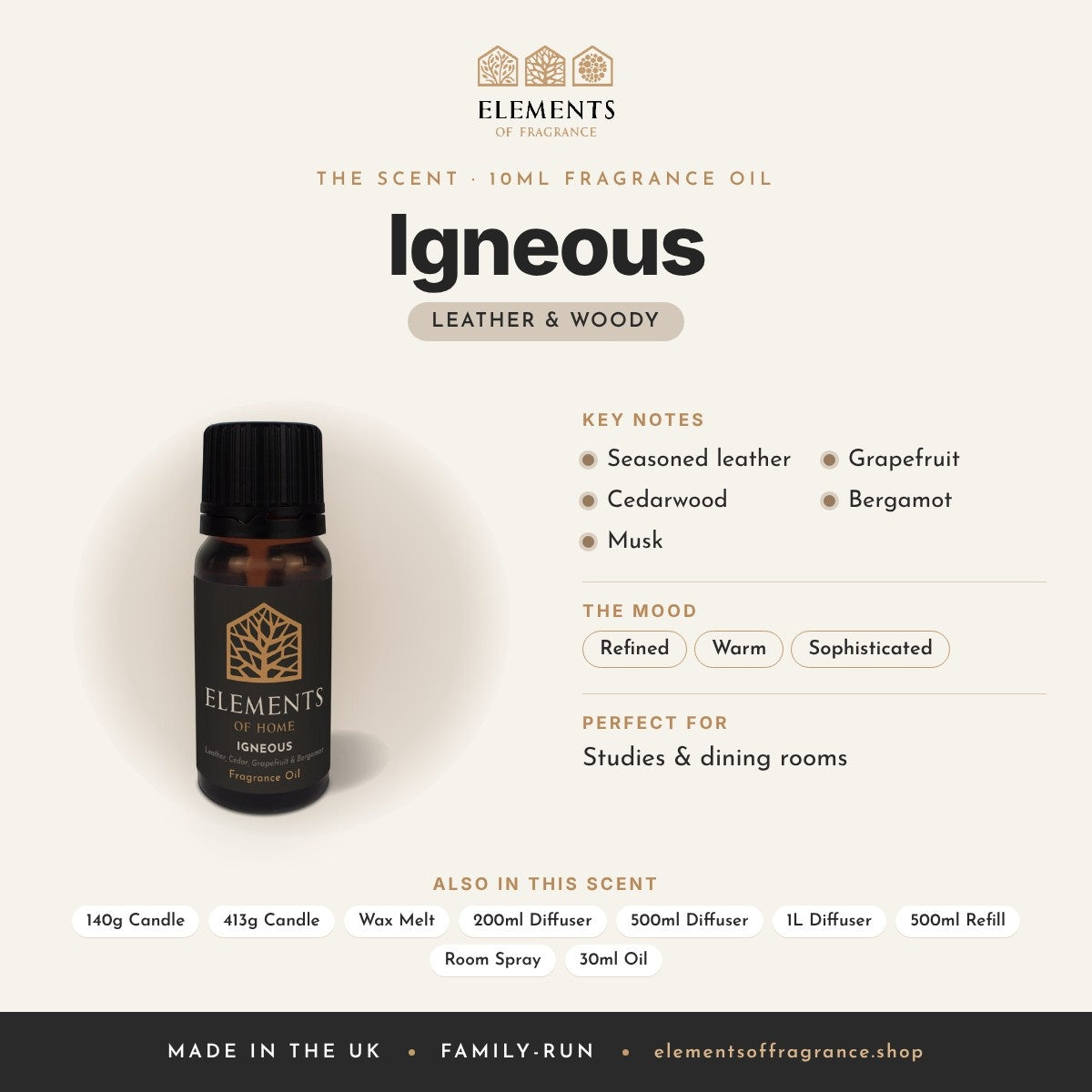 Igneous 10ml Fragrance Oil scent profile: leather & woody with notes of seasoned leather, cedarwood, musk, grapefruit, bergamot