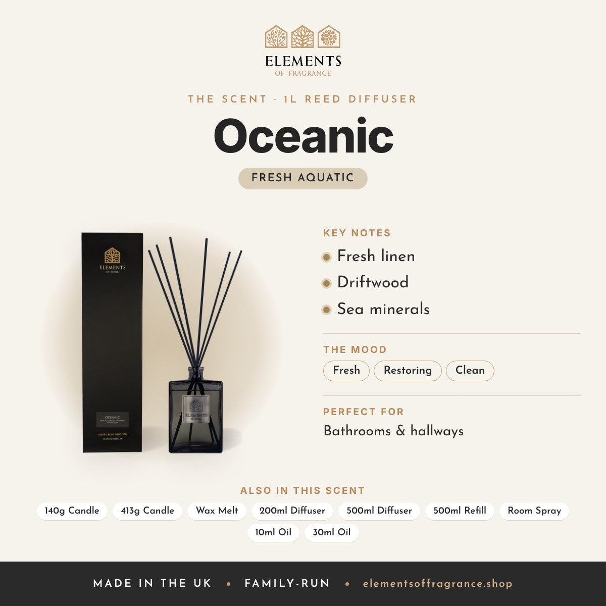 Oceanic 1L Reed Diffuser scent profile: fresh aquatic with notes of fresh linen, driftwood, sea minerals