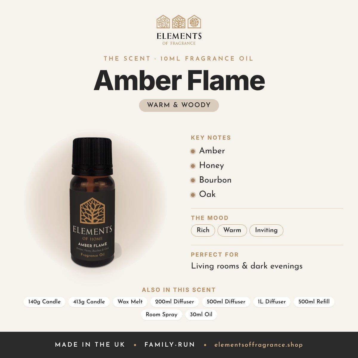 Amber Flame 10ml Fragrance Oil scent profile: warm & woody with notes of amber, honey, bourbon, oak