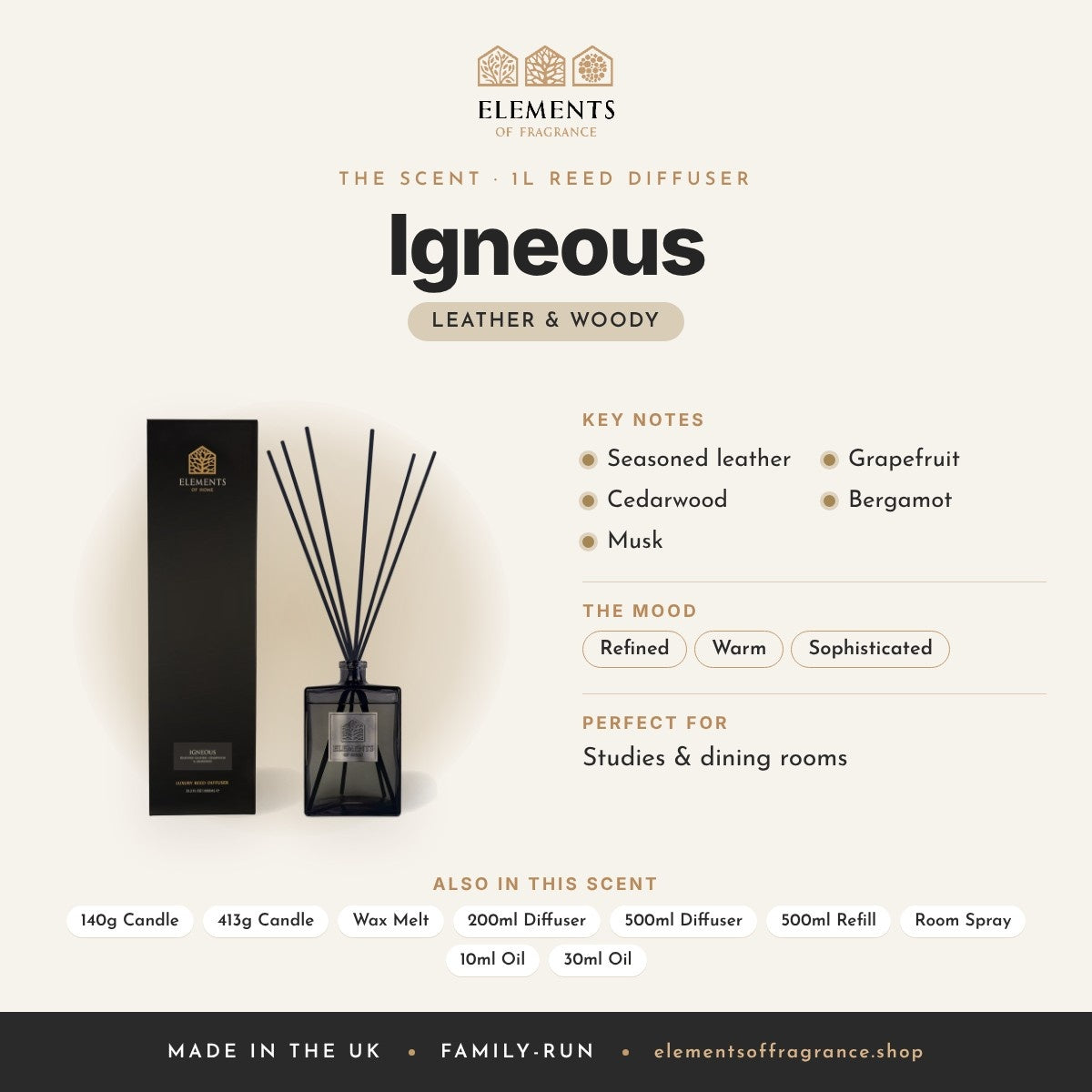 Igneous 1L Reed Diffuser scent profile: leather & woody with notes of seasoned leather, cedarwood, musk, grapefruit, bergamot