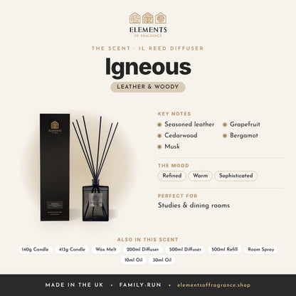 Igneous 1L Reed Diffuser scent profile: leather & woody with notes of seasoned leather, cedarwood, musk, grapefruit, bergamot