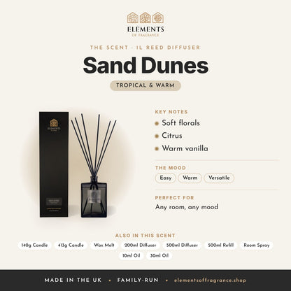 Sand Dunes 1L Reed Diffuser scent profile: tropical & warm with notes of soft florals, citrus, warm vanilla