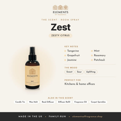 Zest Room Spray scent profile: zesty citrus with notes of tangerine, grapefruit, jasmine, mint, rosemary, patchouli