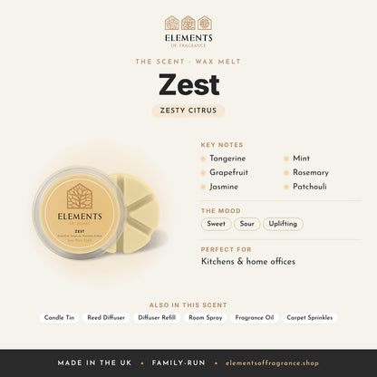 Zest Wax Melt scent profile: zesty citrus with notes of tangerine, grapefruit, jasmine, mint, rosemary, patchouli