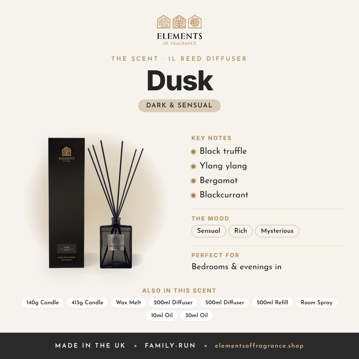 Dusk 1L Reed Diffuser scent profile: dark & sensual with notes of black truffle, ylang ylang, bergamot, blackcurrant