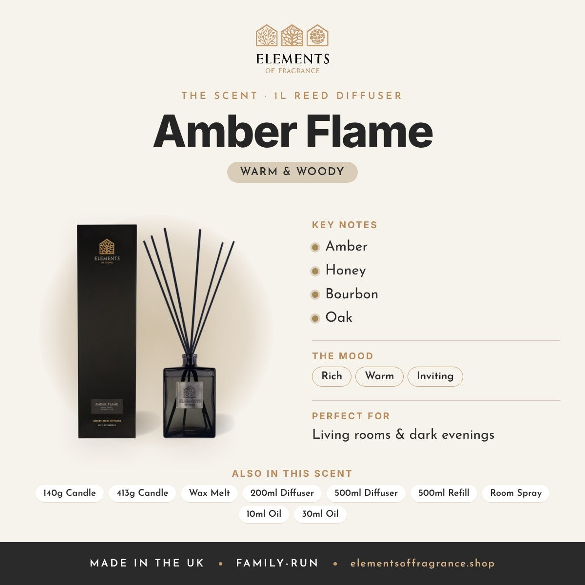 Amber Flame 1L Reed Diffuser scent profile: warm & woody with notes of amber, honey, bourbon, oak