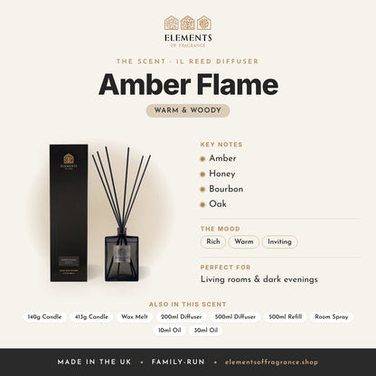 Amber Flame 1L Reed Diffuser scent profile: warm & woody with notes of amber, honey, bourbon, oak