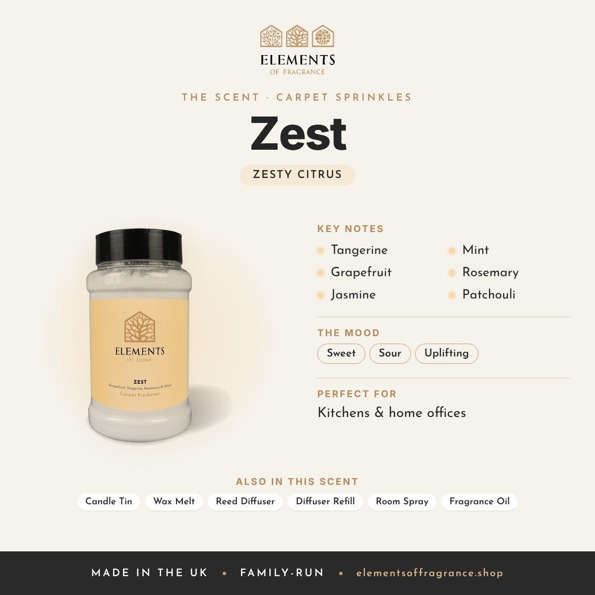 Zest Carpet Sprinkles scent profile: zesty citrus with notes of tangerine, grapefruit, jasmine, mint, rosemary, patchouli