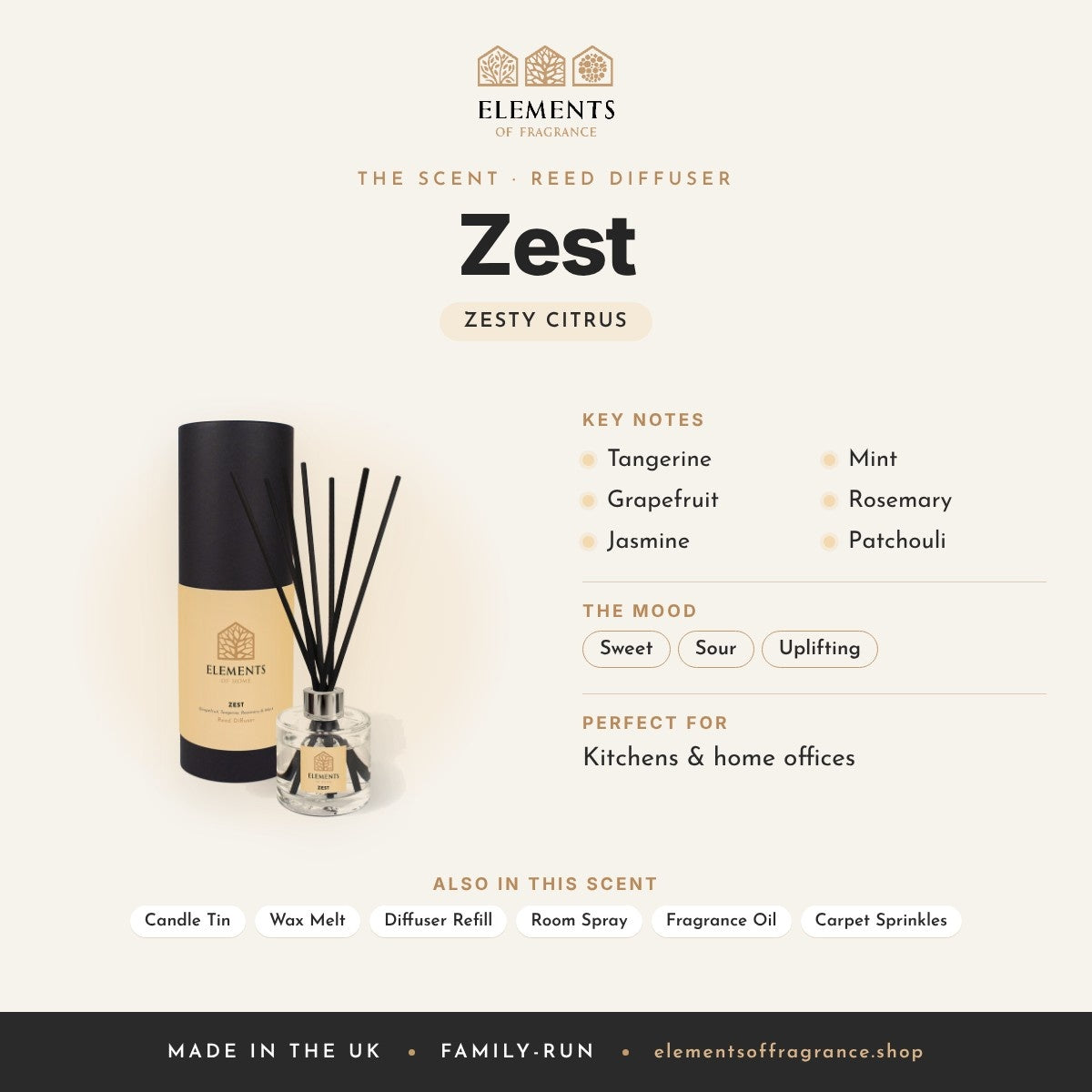 Zest Reed Diffuser scent profile: zesty citrus with notes of tangerine, grapefruit, jasmine, mint, rosemary, patchouli