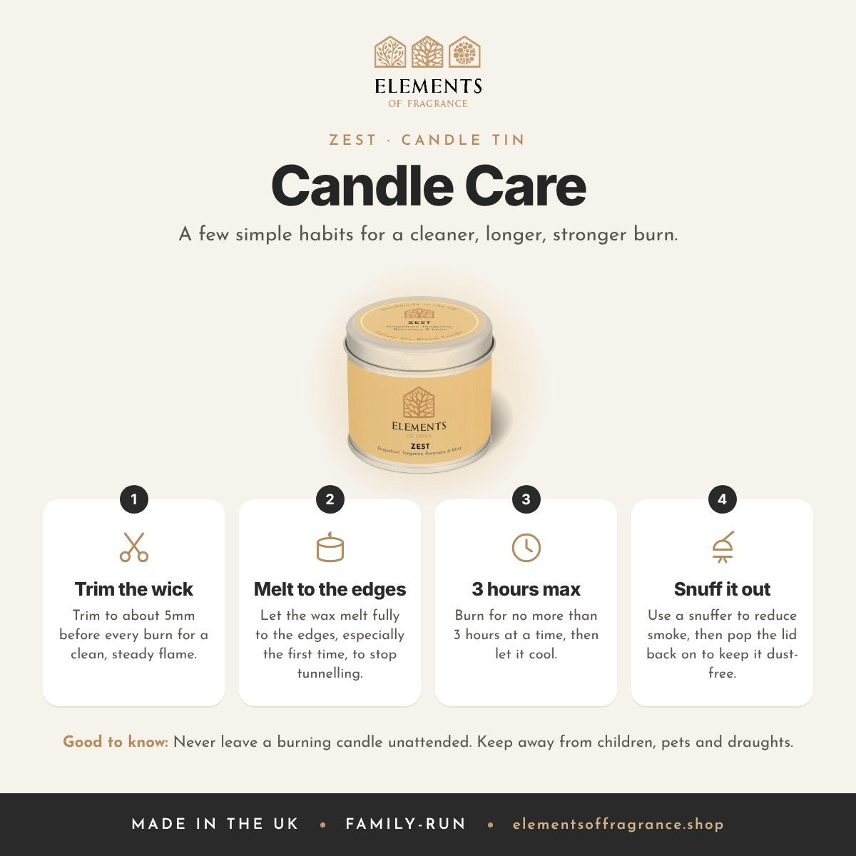 Candle care tips for the Zest Candle Tin