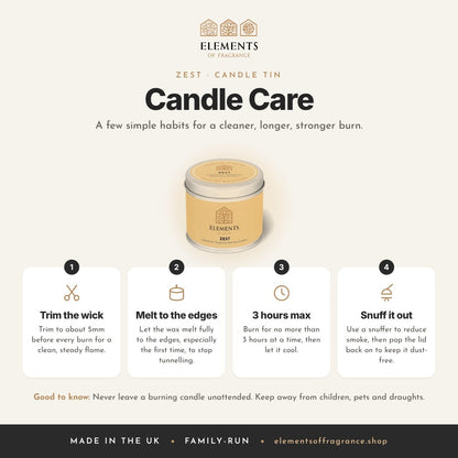 Candle care tips for the Zest Candle Tin
