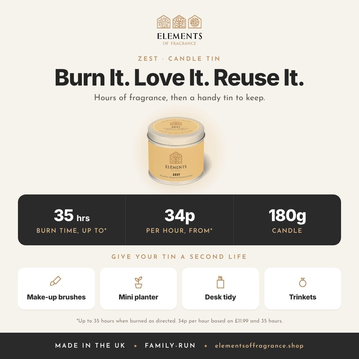 Zest Candle Tin: up to 35 hours burn time, from 34p per hour, reusable tin