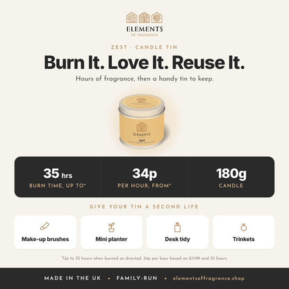 Zest Candle Tin: up to 35 hours burn time, from 34p per hour, reusable tin