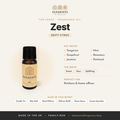 Zest Fragrance Oil scent profile: zesty citrus with notes of tangerine, grapefruit, jasmine, mint, rosemary, patchouli
