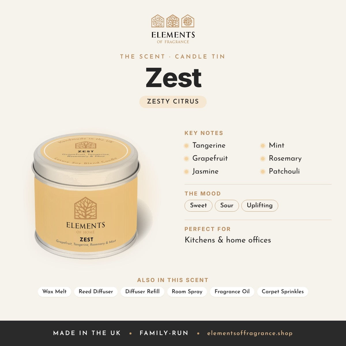 Zest Candle Tin scent profile: zesty citrus with notes of tangerine, grapefruit, jasmine, mint, rosemary, patchouli