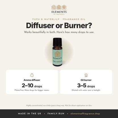 Yuzu & Waterlily Fragrance Oil: diffuser or burner guide, 2 to 10 drops in a diffuser, 3 to 5 drops in a burner