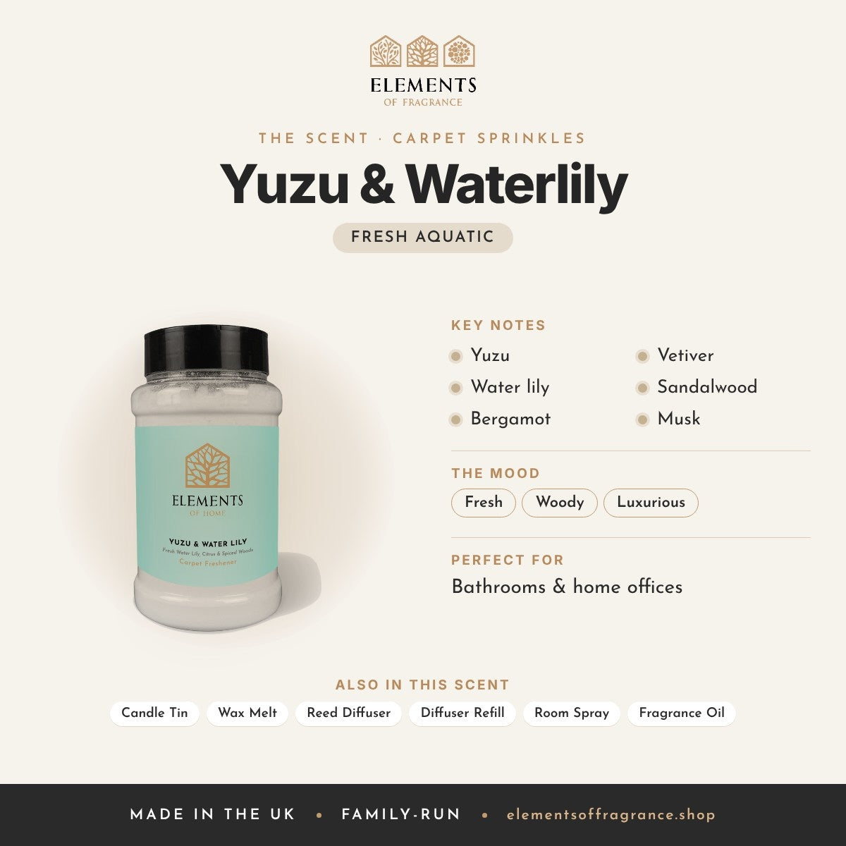 Yuzu & Waterlily Carpet Sprinkles scent profile: fresh aquatic with notes of yuzu, water lily, bergamot, vetiver, sandalwood, musk