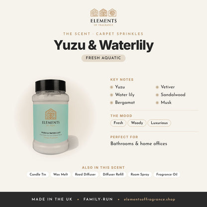 Yuzu & Waterlily Carpet Sprinkles scent profile: fresh aquatic with notes of yuzu, water lily, bergamot, vetiver, sandalwood, musk