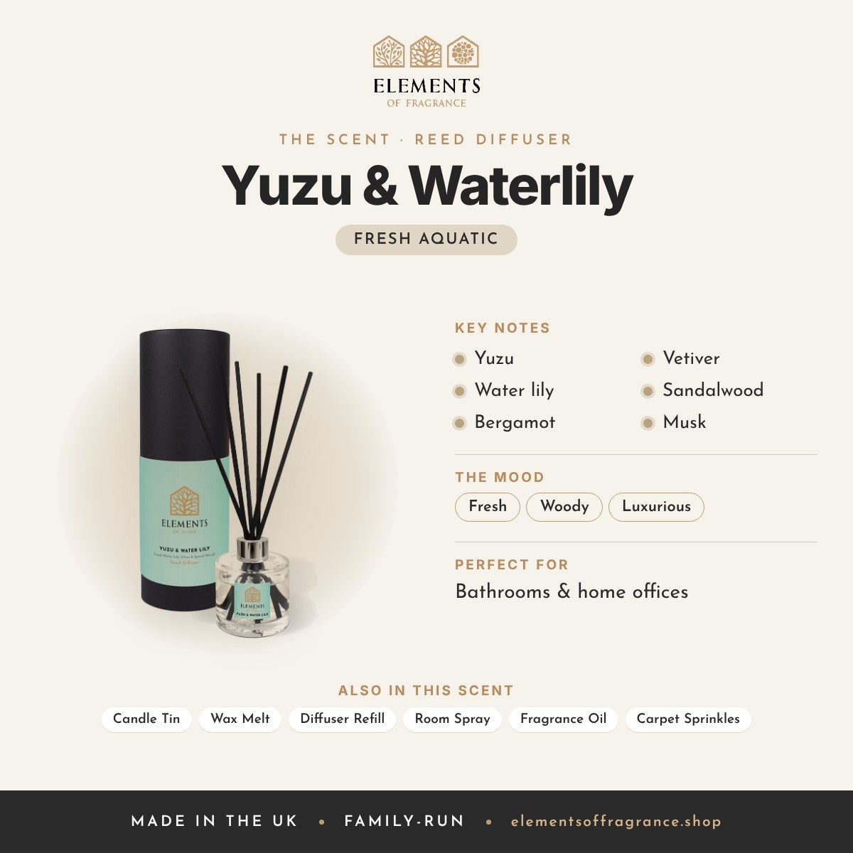 Yuzu & Waterlily Reed Diffuser scent profile: fresh aquatic with notes of yuzu, water lily, bergamot, vetiver, sandalwood, musk
