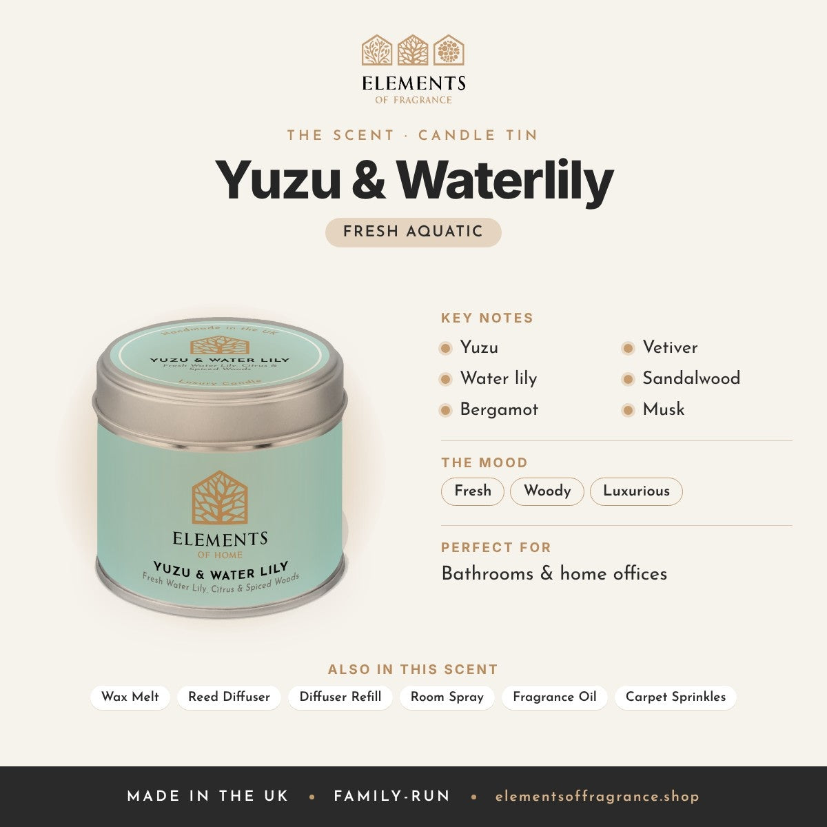 Yuzu & Waterlily Candle Tin scent profile: fresh aquatic with notes of yuzu, water lily, bergamot, vetiver, sandalwood, musk