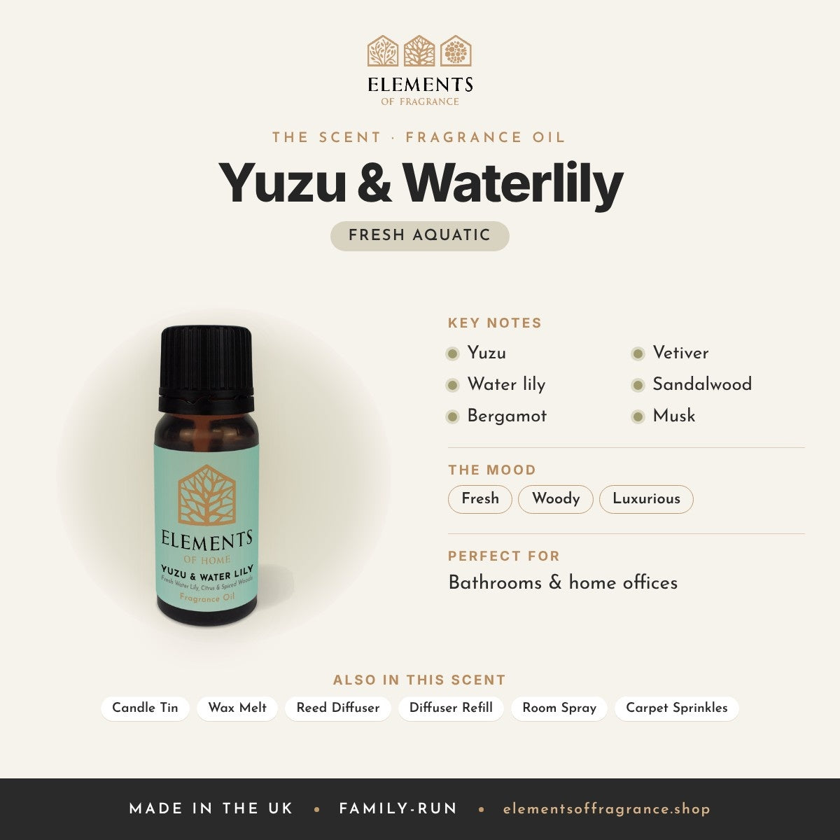 Yuzu & Waterlily Fragrance Oil scent profile: fresh aquatic with notes of yuzu, water lily, bergamot, vetiver, sandalwood, musk