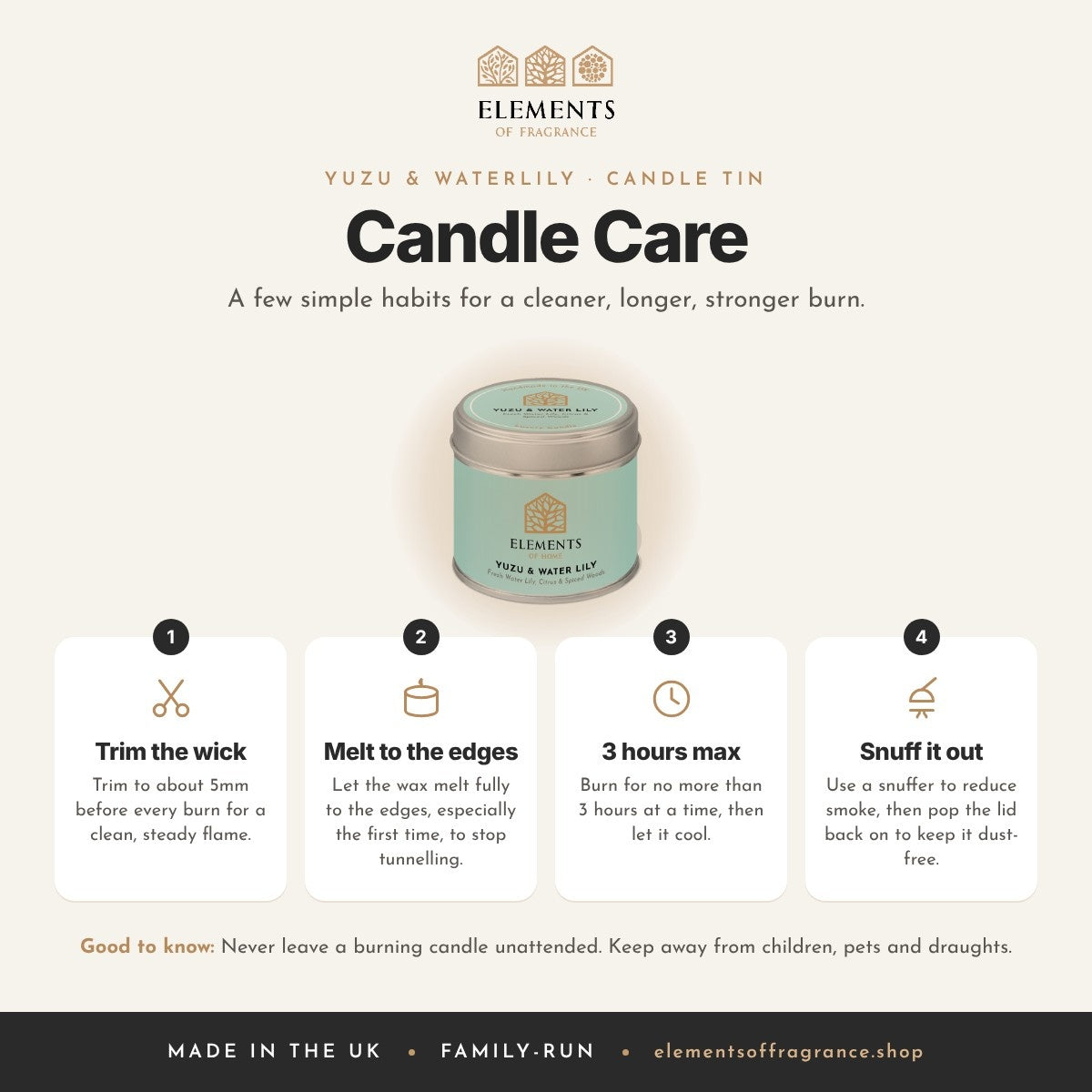 Candle care tips for the Yuzu & Waterlily Candle Tin