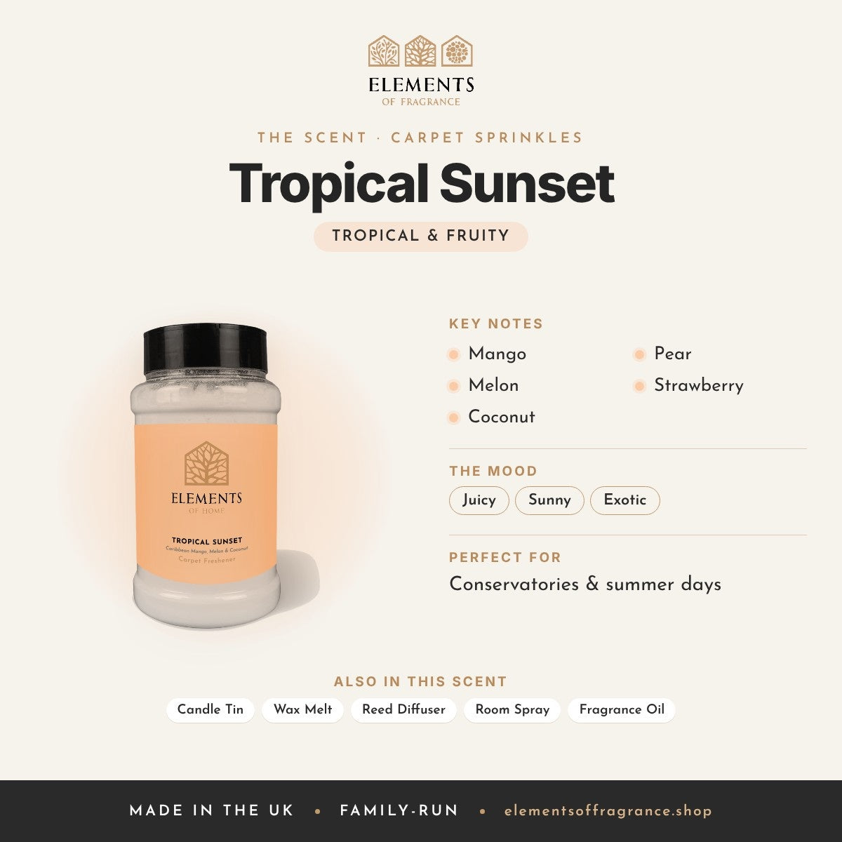 Tropical Sunset Carpet Sprinkles scent profile: tropical & fruity with notes of mango, melon, coconut, pear, strawberry