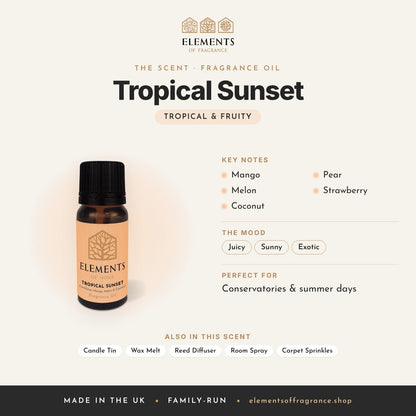 Tropical Sunset Fragrance Oil scent profile: tropical & fruity with notes of mango, melon, coconut, pear, strawberry