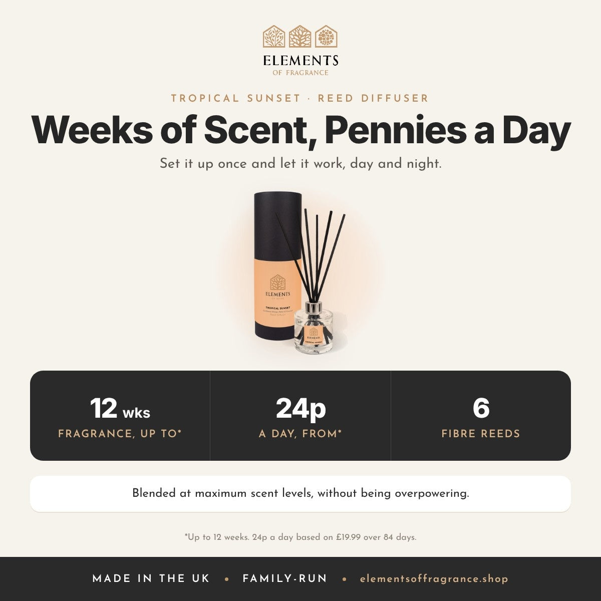 Tropical Sunset Reed Diffuser: up to 12 weeks of fragrance from 24p a day, 6 fibre reeds