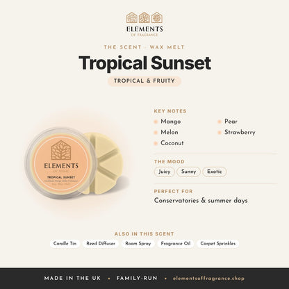 Tropical Sunset Wax Melt scent profile: tropical & fruity with notes of mango, melon, coconut, pear, strawberry
