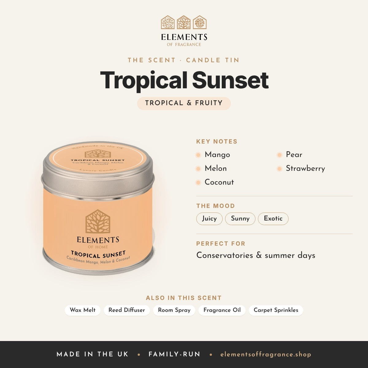 Tropical Sunset Candle Tin scent profile: tropical & fruity with notes of mango, melon, coconut, pear, strawberry