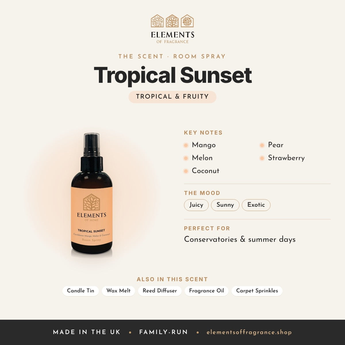 Tropical Sunset Room Spray scent profile: tropical & fruity with notes of mango, melon, coconut, pear, strawberry