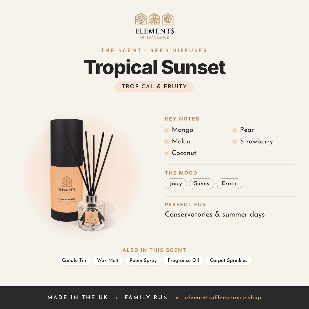 Tropical Sunset Reed Diffuser scent profile: tropical & fruity with notes of mango, melon, coconut, pear, strawberry