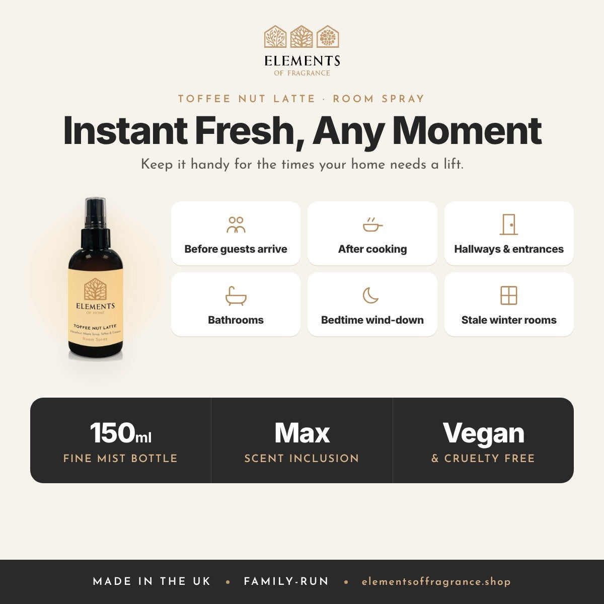 Toffee Nut Latte Room Spray: when to spray, before guests, after cooking, hallways, bathrooms and more